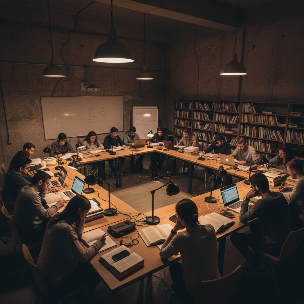Students in scholarship program classroom, dim concrete walls, atmospheric low lighting