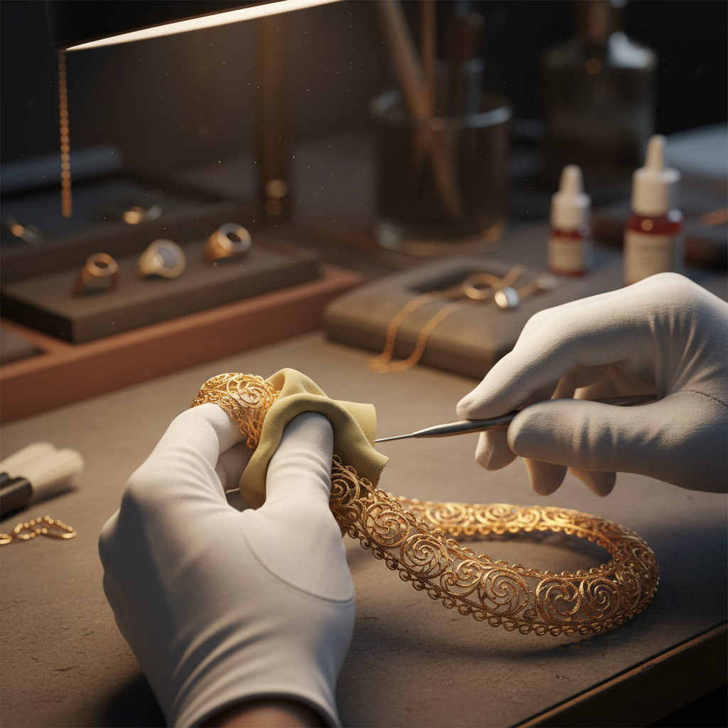 Primer plano de manos artesanas puliendo aretes dorados en banco de trabajo, luz de taller cálida
