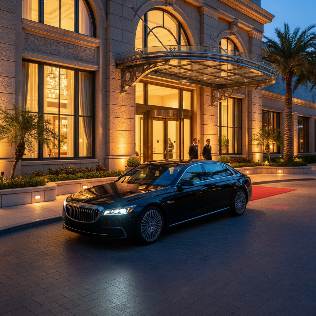 Luxury black sedan at night airport terminal, dark atmospheric lighting, professional car service