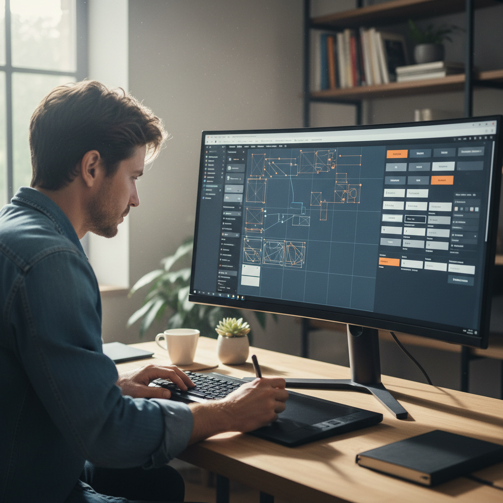 Designer working on UI wireframes and design system components on large monitor