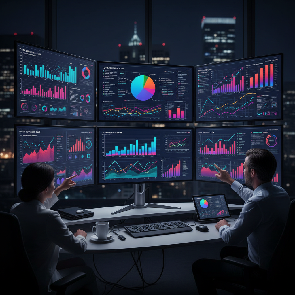 Business analytics dashboard with charts, graphs, and enterprise data visualization on multiple screens