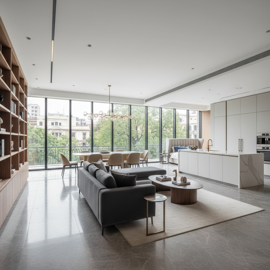 Modern 3 BHK luxury apartment with spacious living room and contemporary interiors