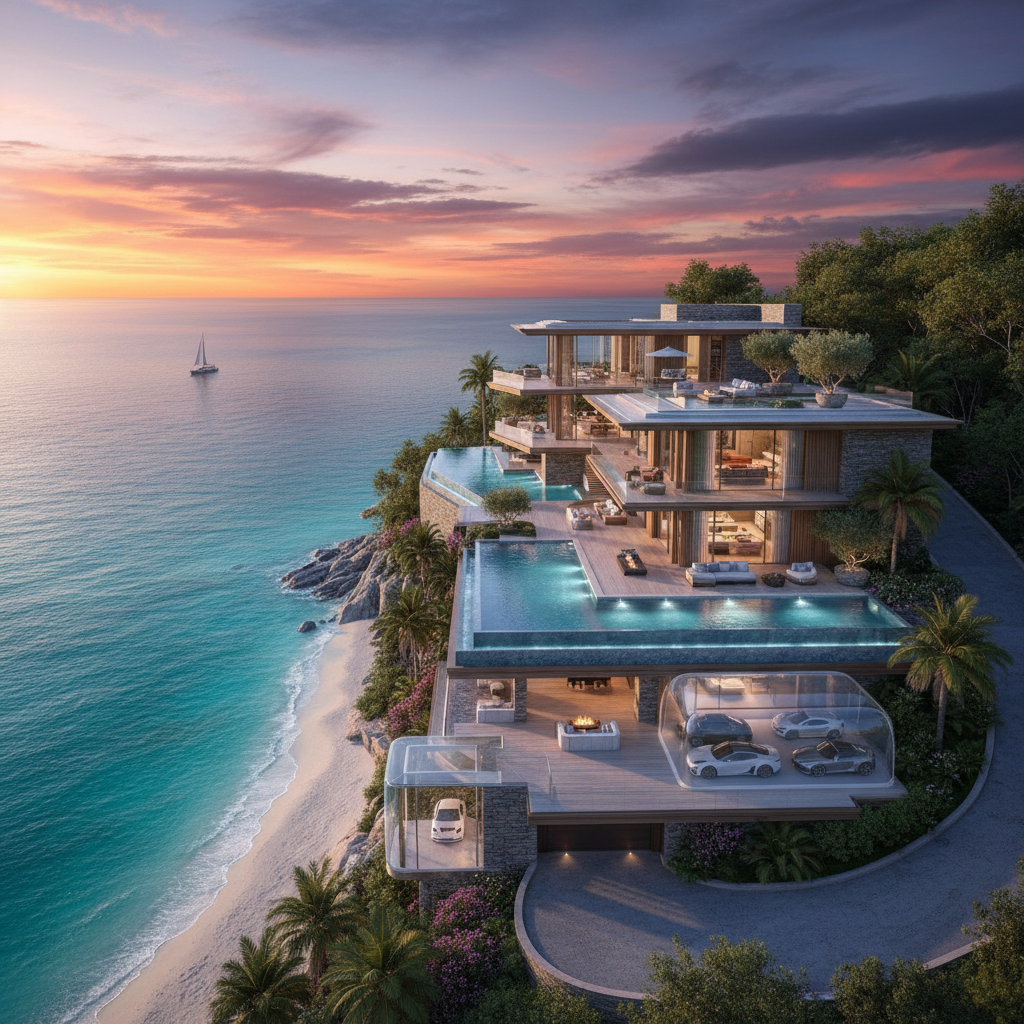 Luxurious modern mansion exterior with infinity pool and mountain views at sunset