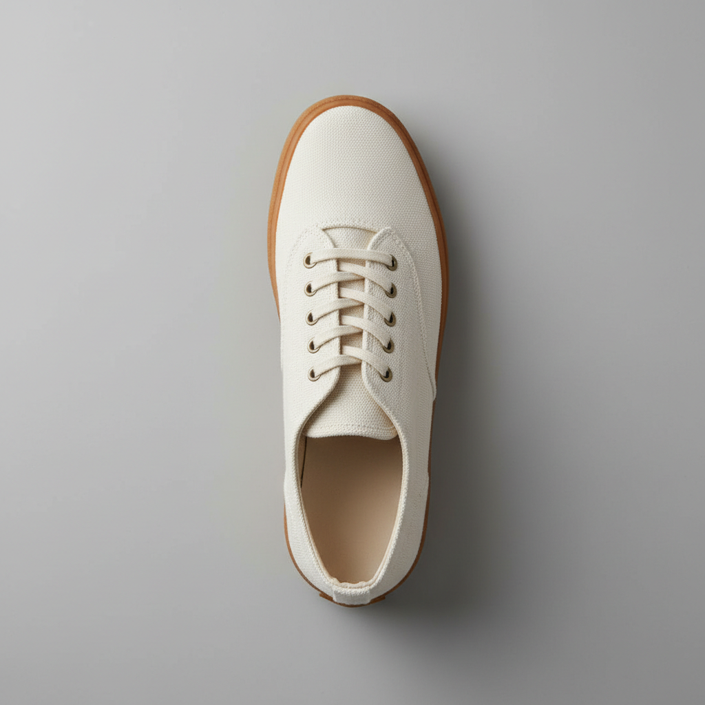 Minimalist white canvas slip-on sneaker on light wooden floor