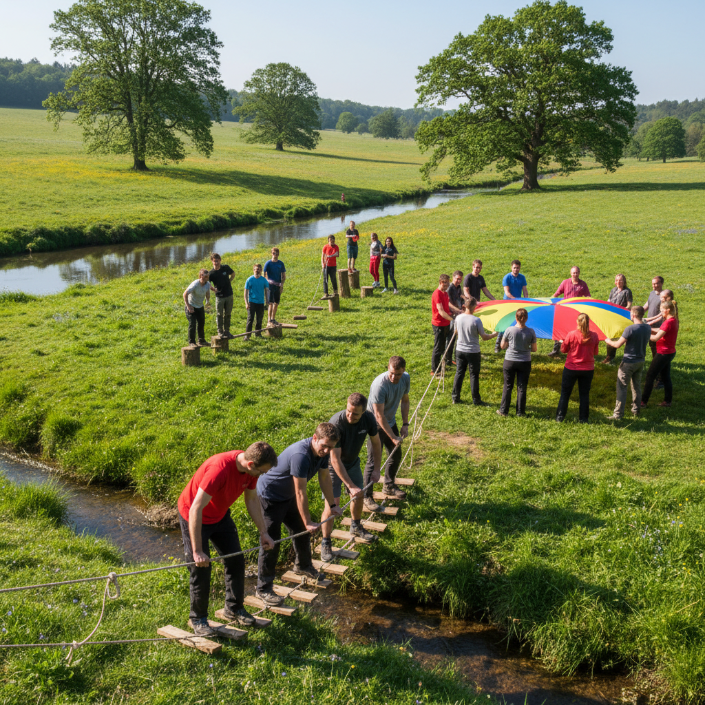 Large group of friends and colleagues enjoying outdoor team building activities in Bosnian nature
