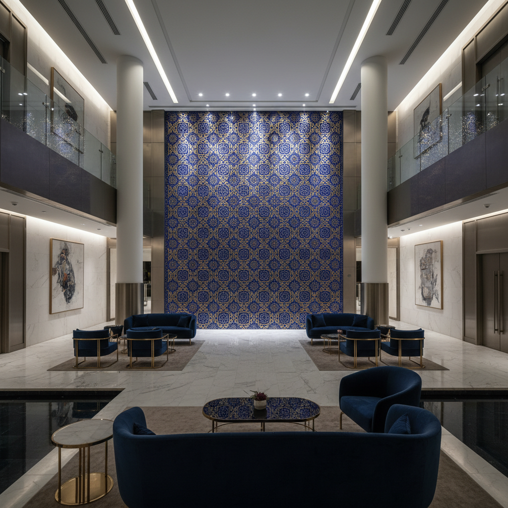 Luxury hotel lobby with warm golden lighting, elegant architecture, deep shadows, premium Saudi hospitality interior