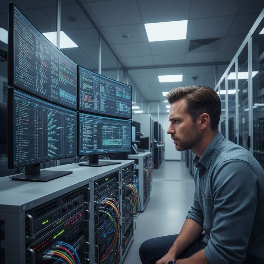 Network security engineer monitoring email gateway connections and reputation data on server infrastructure