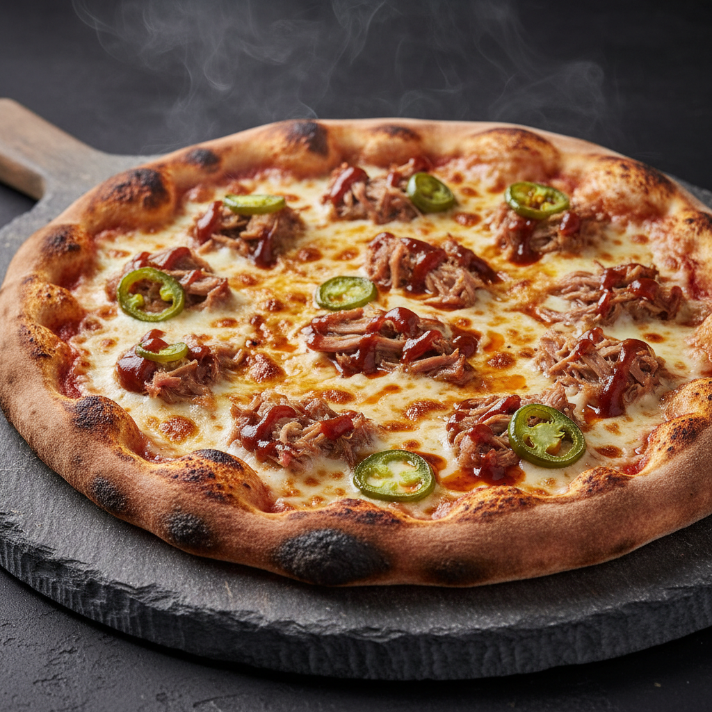 BBQ pulled pork pizza with red onion and jalapeños on wood-fired crust, rustic setting