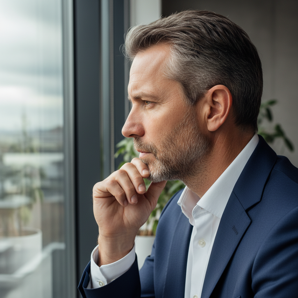 Executive in profile, contemplative pose, window light