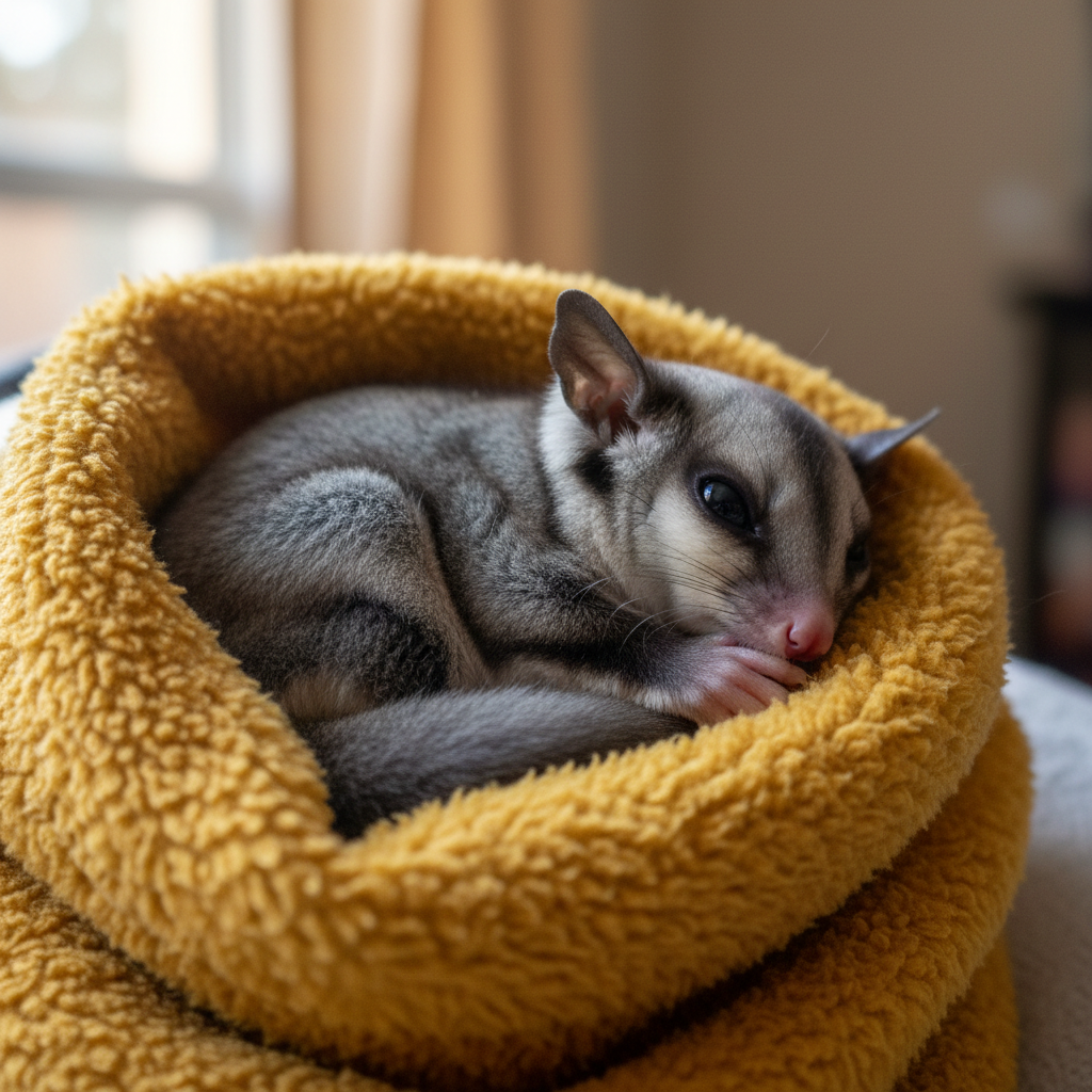 Small animal curled in warm fleece bonding pouch close-up