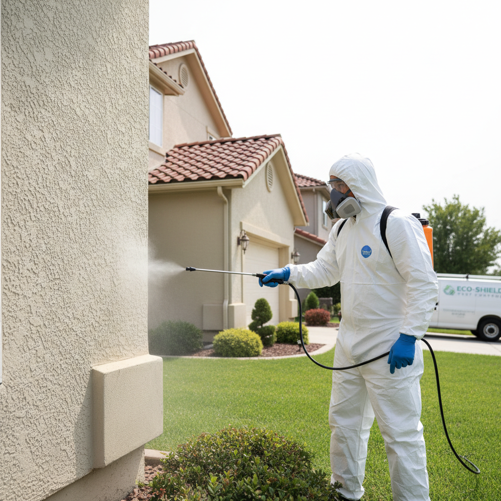 Black African pest control technician in protective uniform spraying treatment in a bright modern warehouse