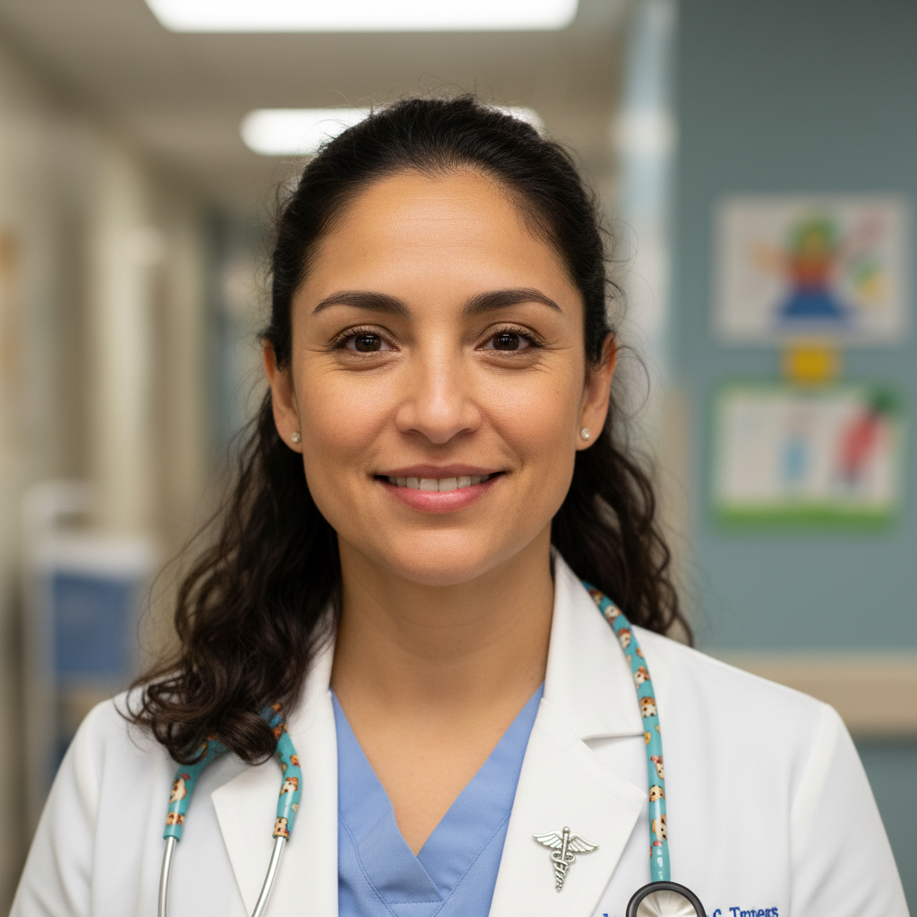 Dr. Angela Torres, Latina female pediatric pulmonologist, gentle smile, hospital background