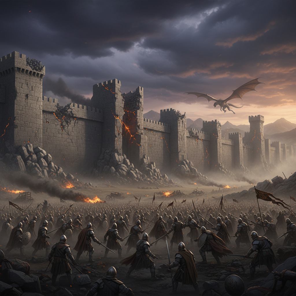 Epic medieval castle siege scene with armies marching at dawn, dramatic low-angle lighting, dark stone fortifications