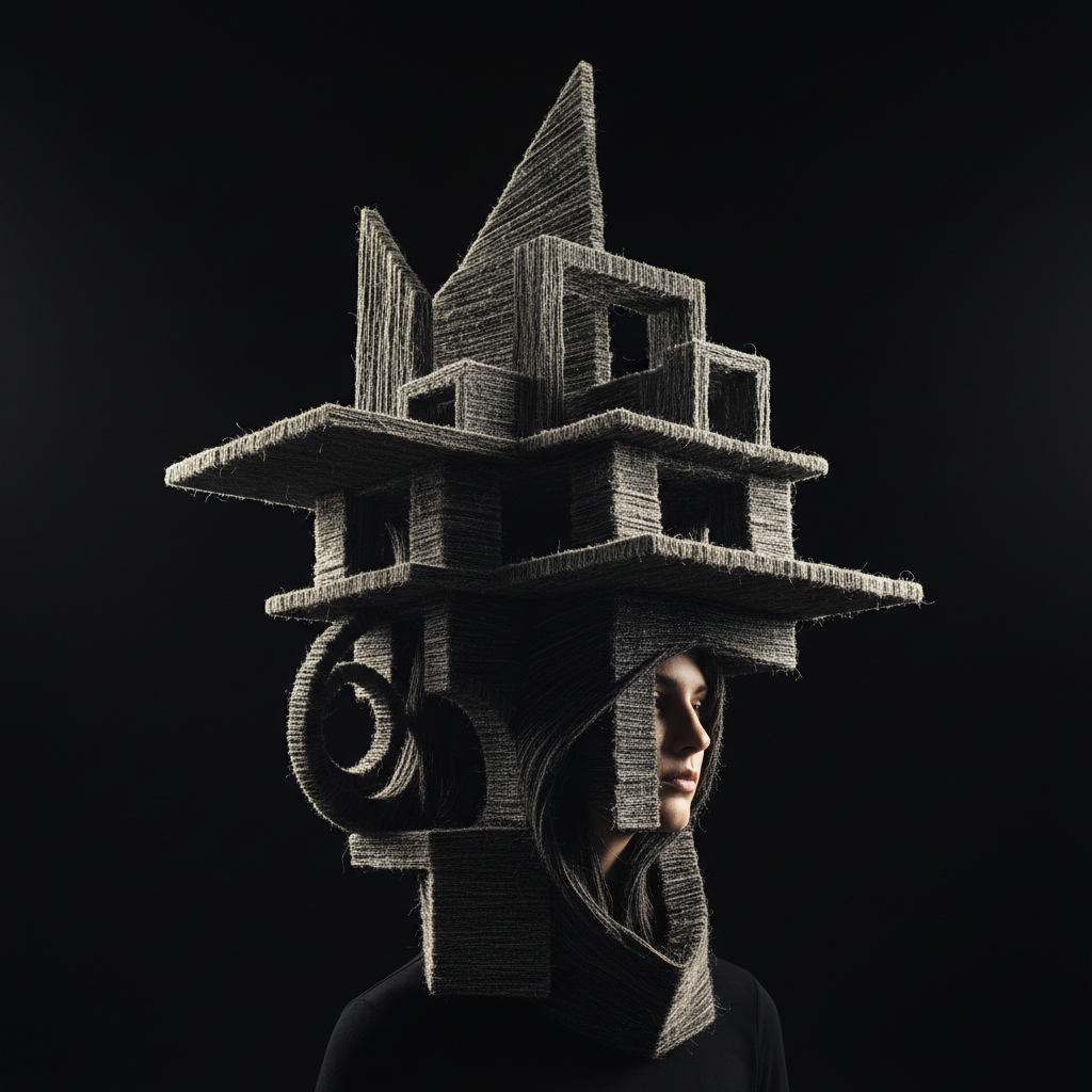 Editorial avant-garde sculptural hair piece with dramatic architectural form against dark studio background