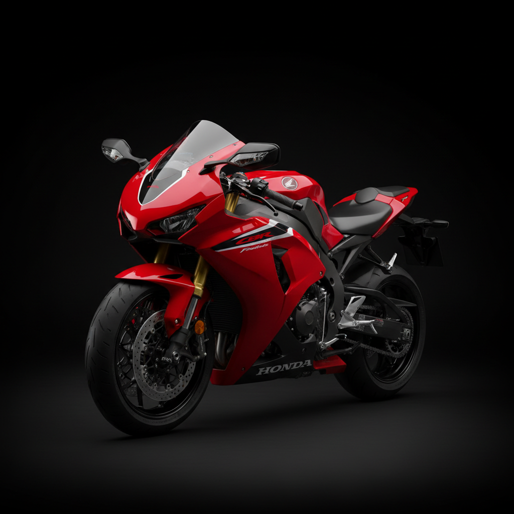 Honda CBR600RR supersport motorcycle on race track, aerodynamic fairing, aggressive stance, dramatic lighting