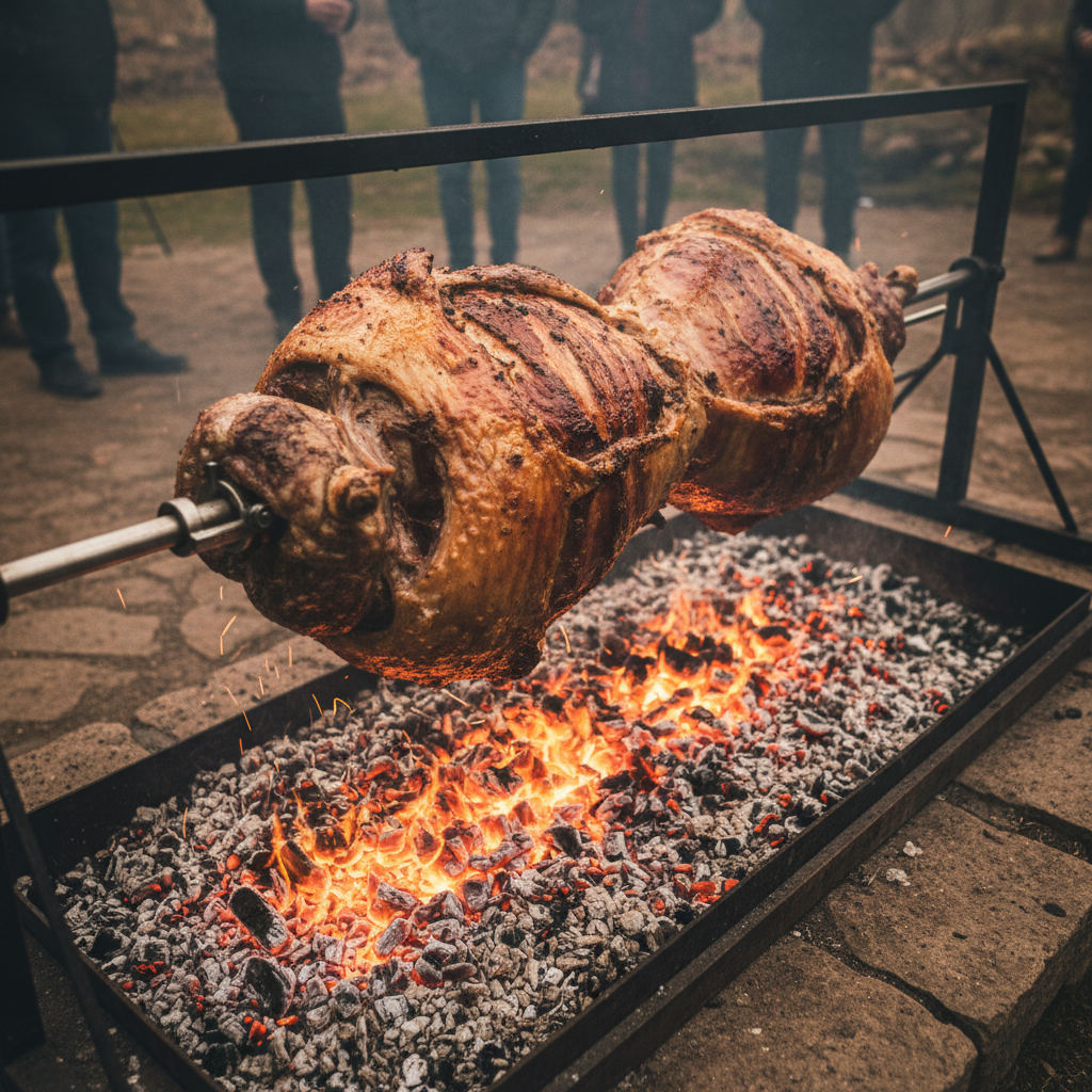 Whole lamb slow-roasting over glowing charcoal embers with orange and amber coals beneath