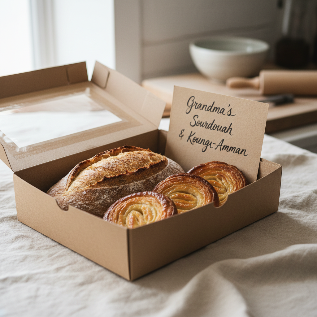 Open kraft paper bakery box with handwritten recipe card, sourdough loaf, and Kouign-Amann pastries on butter-cream linen