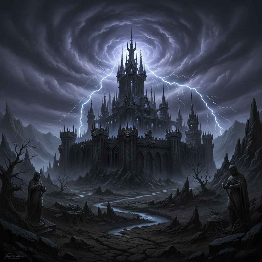 Dark fantasy game environment with dramatic castle silhouette against night sky, moody atmospheric lighting