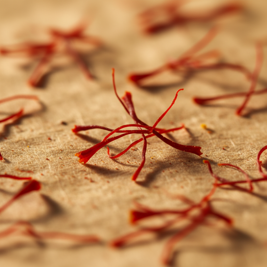 Vibrant saffron threads and Persian spices arranged on a dark surface with warm golden light, rich reds and yellows