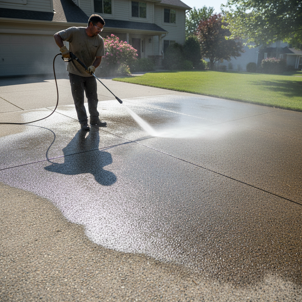 Professional pressure washing a concrete driveway in Tucson Arizona, bright desert sunshine, clean wet concrete surface