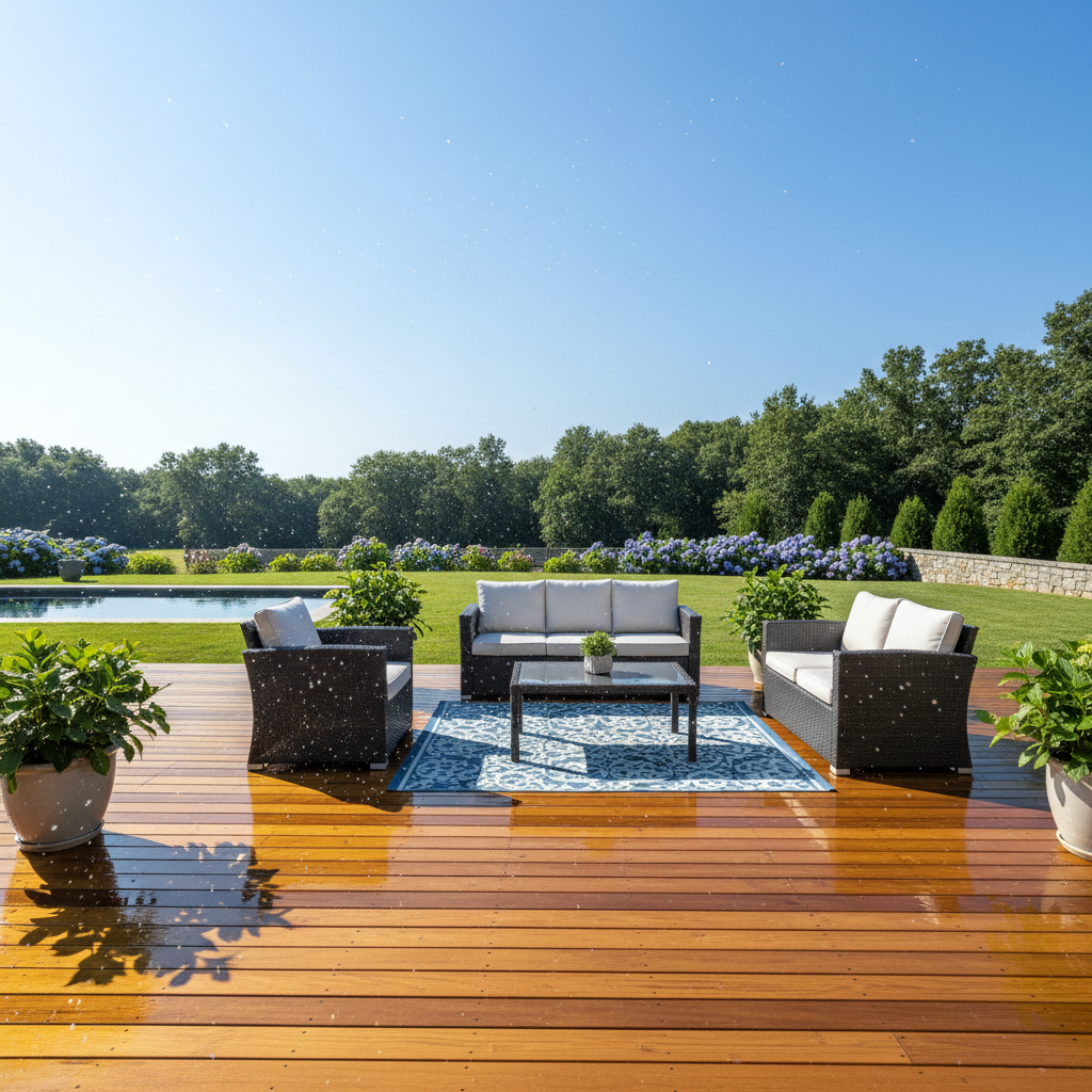 Clean wooden deck with fresh appearance, bright outdoor lighting, no dirt or mildew