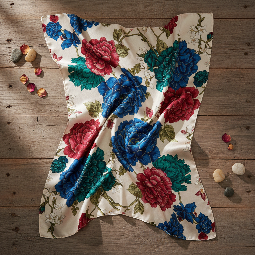 Lenço de seda estampado floral 90x90cm dobrado elegantemente, acessório feminino versátil