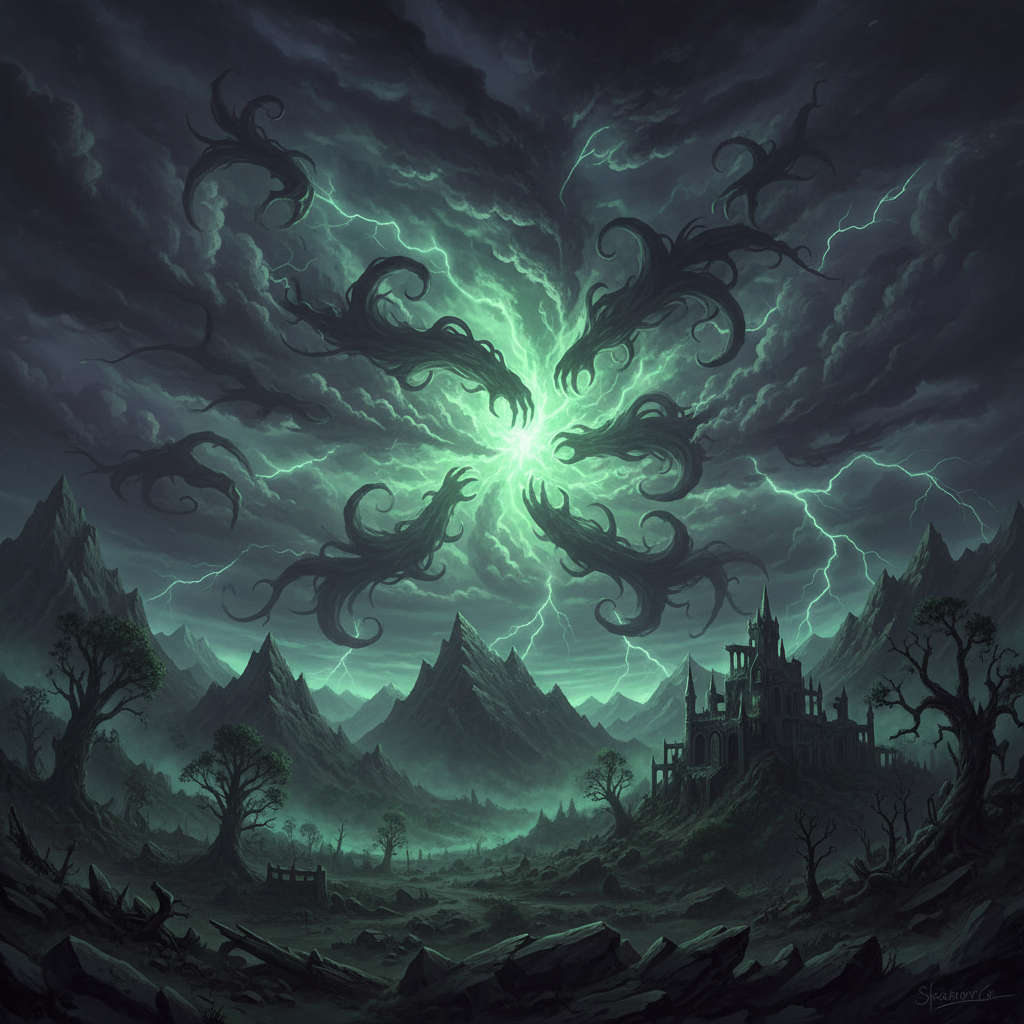 Dark fantasy castle surrounded by fog and dead trees, ominous sky, dramatic low-key lighting, deep shadows