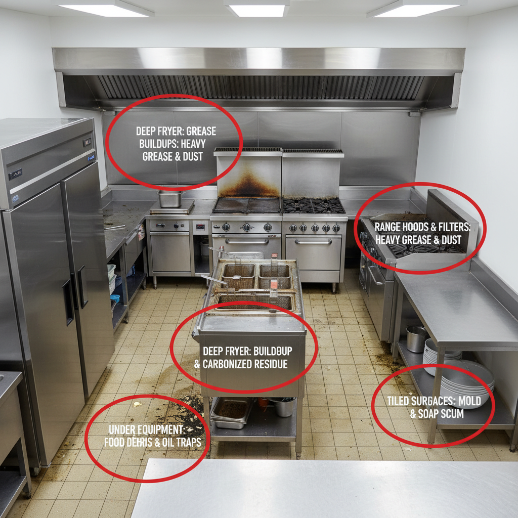 Overhead view of commercial kitchen with annotated problem zones for deep cleaning