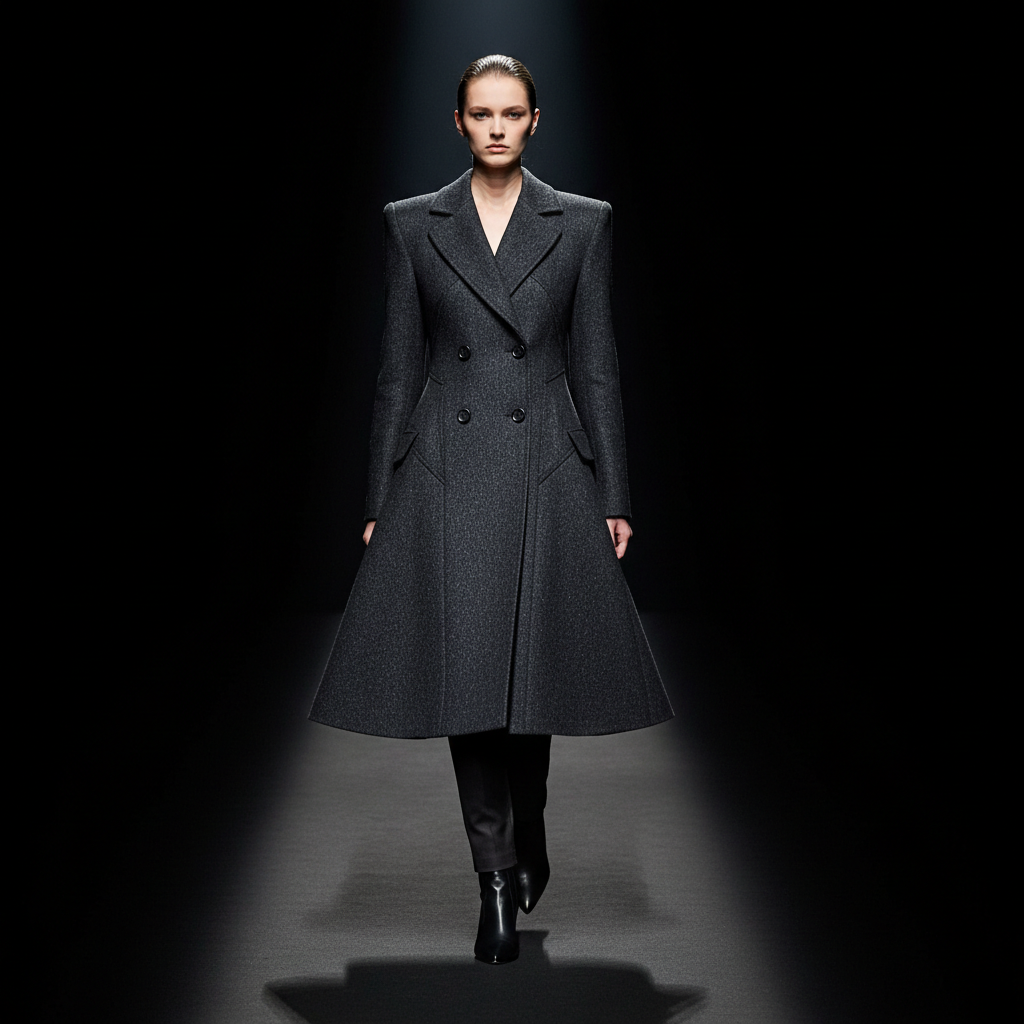 Elegant structured wool coat on model against dark backdrop, atmospheric low lighting