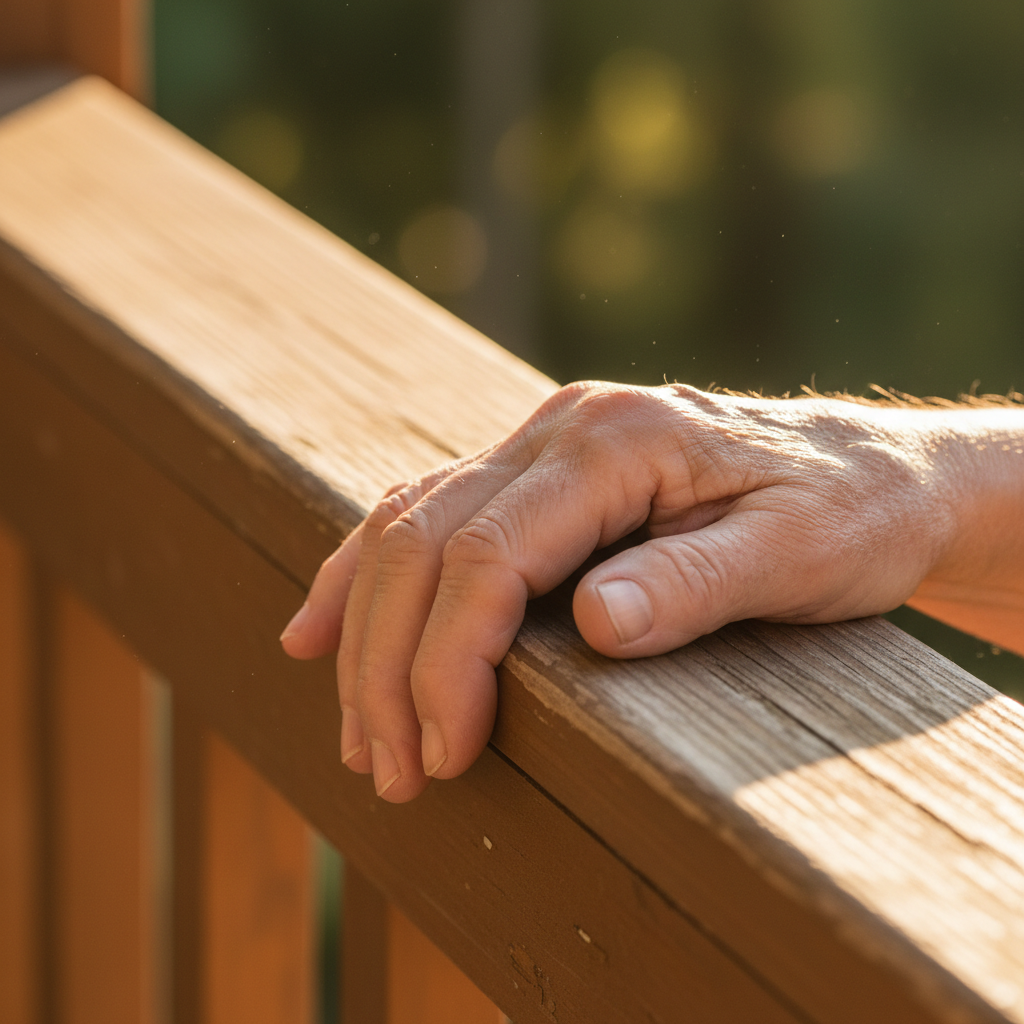Resident hand on sunlit railing