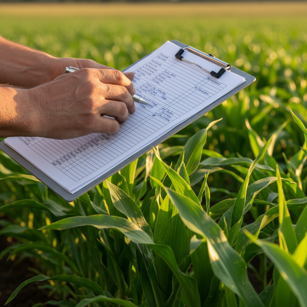 Weathered hands reviewing a compliance clipboard against rows of green crop canopy in golden-hour sidelight
