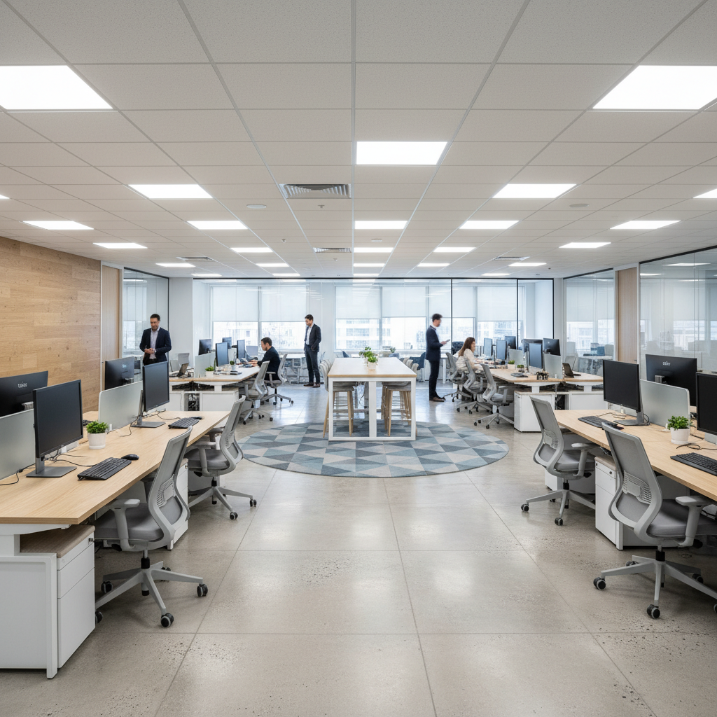 Modern office interior, clean workspace with natural light, professional business environment, architectural photography