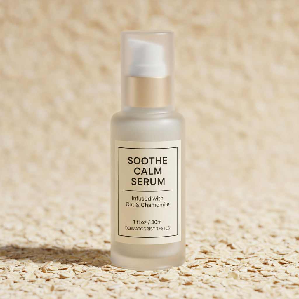 Soothe Calm Serum pale glass bottle with minimal label on soft oat surface