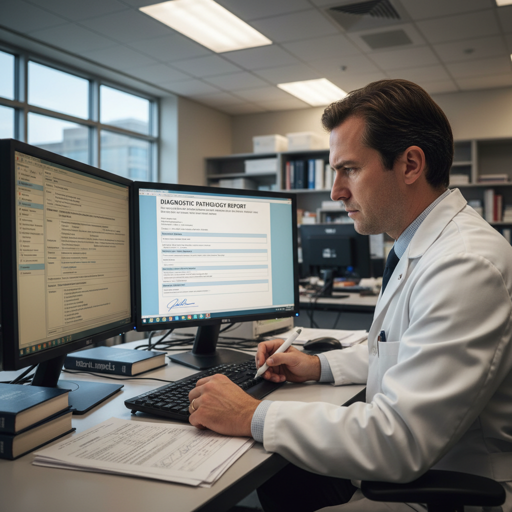 Pathologist signing off on CAP-compliant diagnostic report on computer, formal pathology report formatting visible