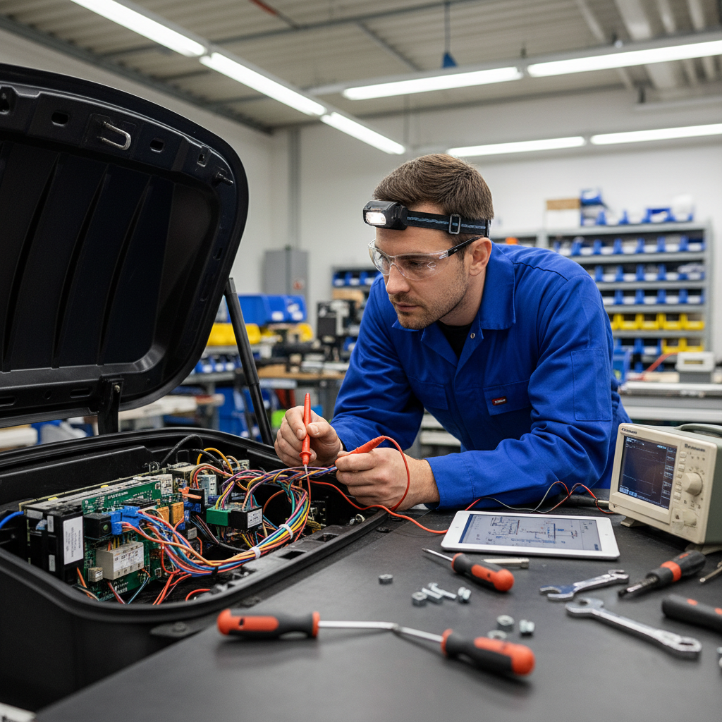 Mechanic working on vehicle wiring harness with multimeter in dimly lit workshop, sparks of light