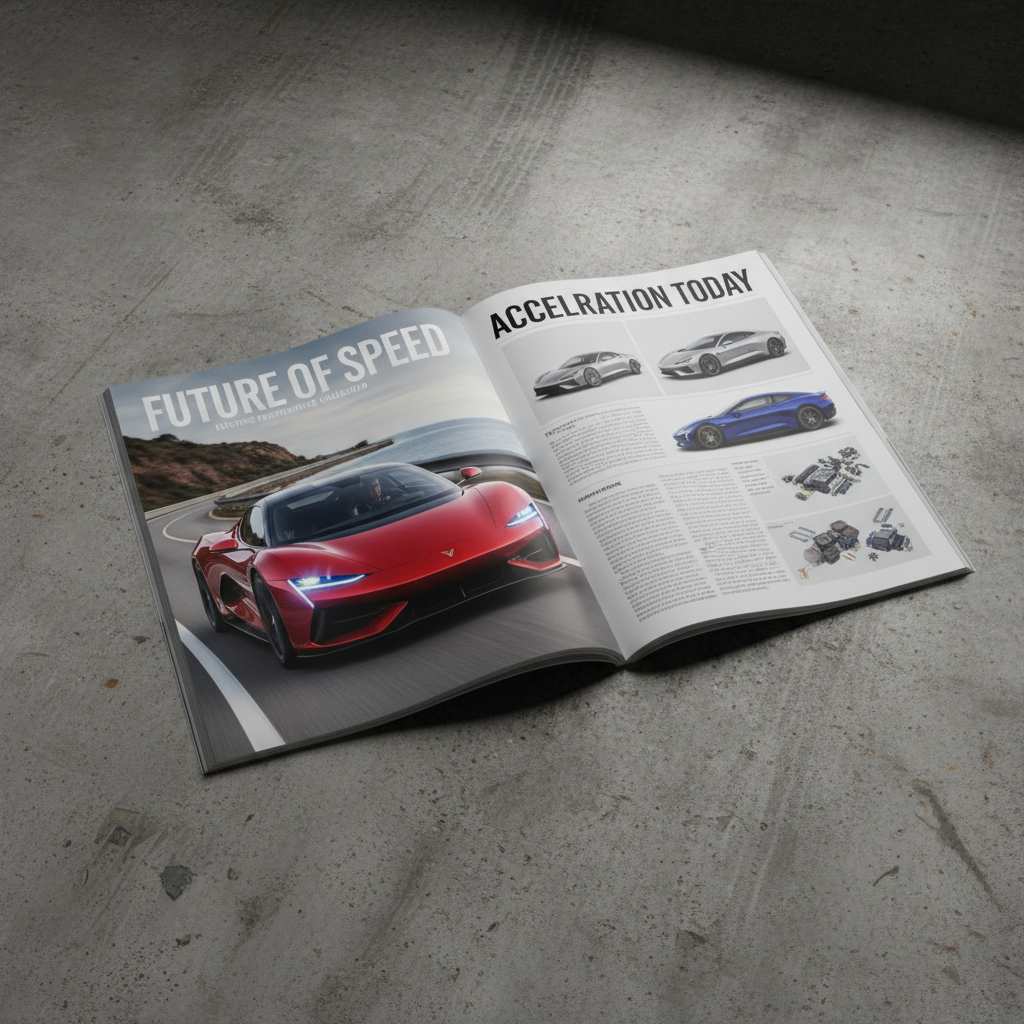 Automotive magazine editorial spread laid flat on concrete floor