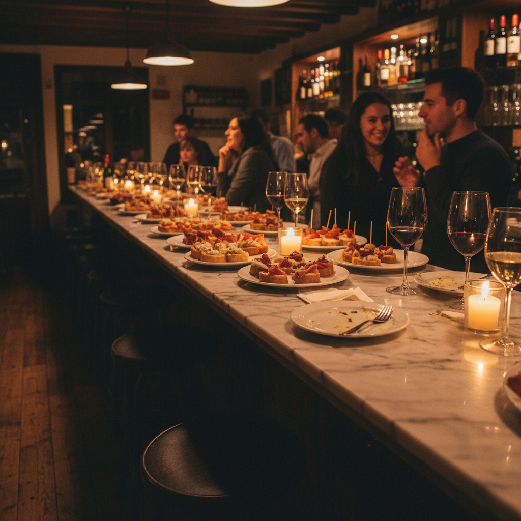 Pintxos bar in San Sebastián with Basque Country small bites and wine