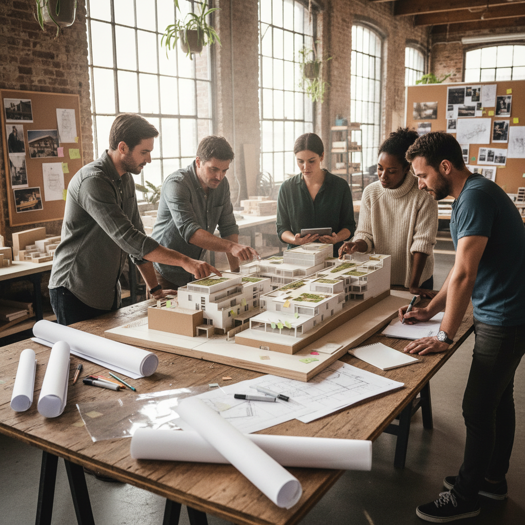 Architects gathered around a physical architectural model during an informal crit session at Atelier, trace paper and drawings spread across the table