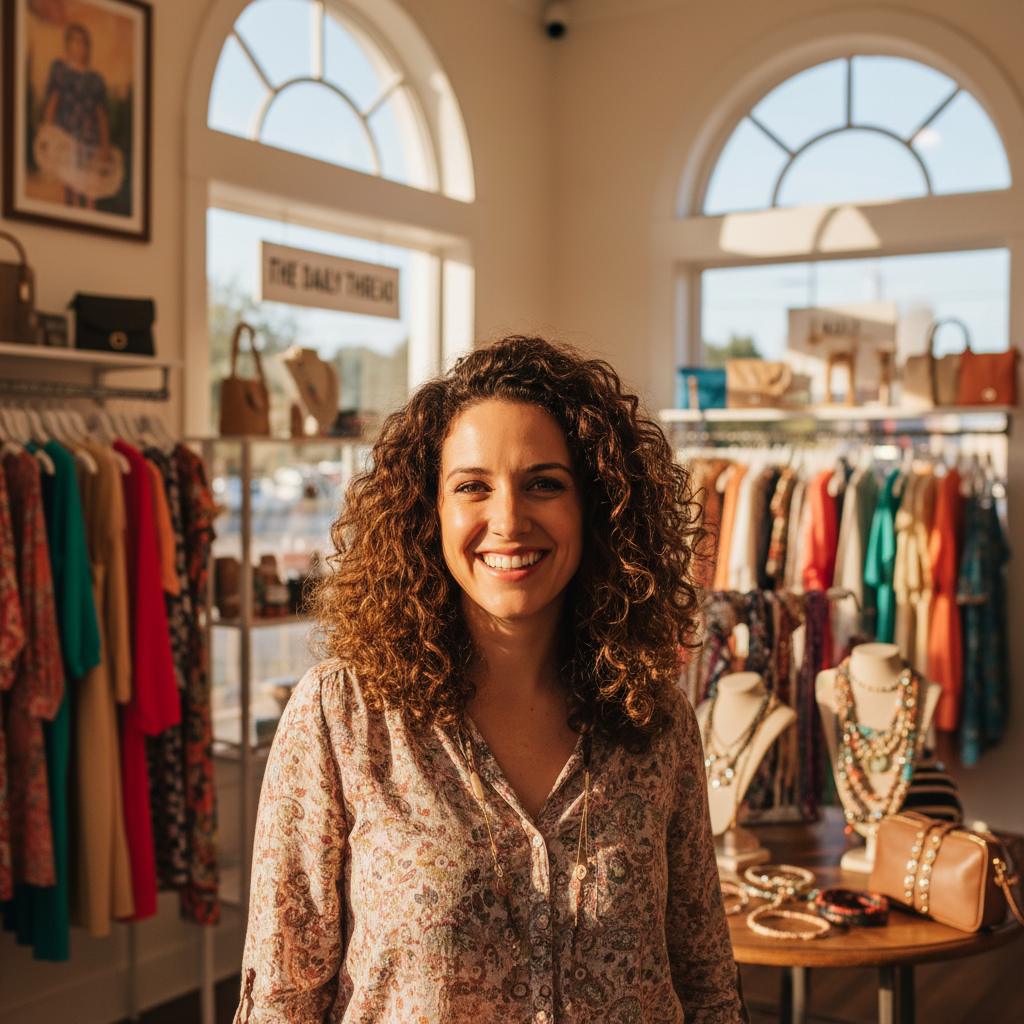 Woman with curly brown hair smiling, boutique owner in New Orleans