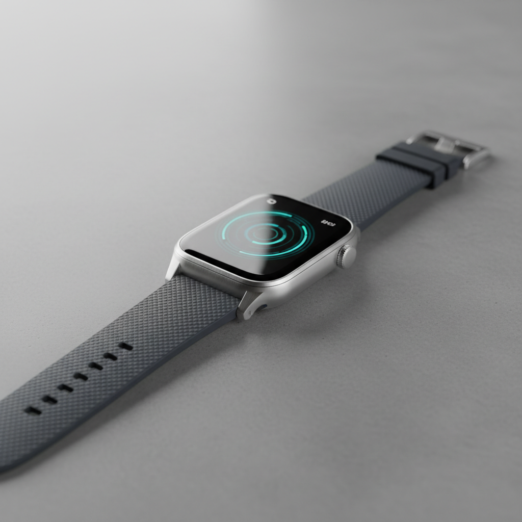 Smartwatch side profile showing slim titanium case and crown