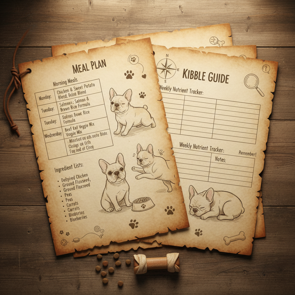 Kibble guide pages fanned open showing meal plan spread, ingredient lists, and hand-drawn Frenchie illustrations on warm parchment paper