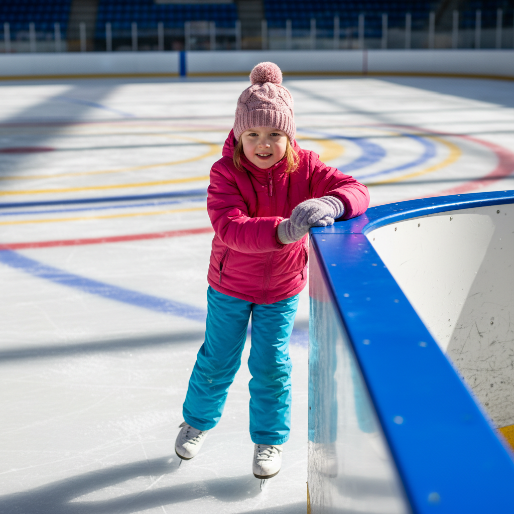 Young girl on ice skates holding the rink barrier, learning to balance