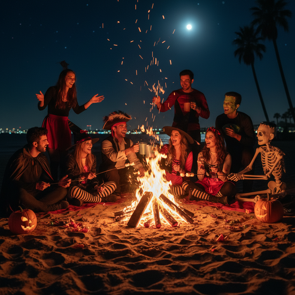 Group of friends in Halloween costumes by bonfire