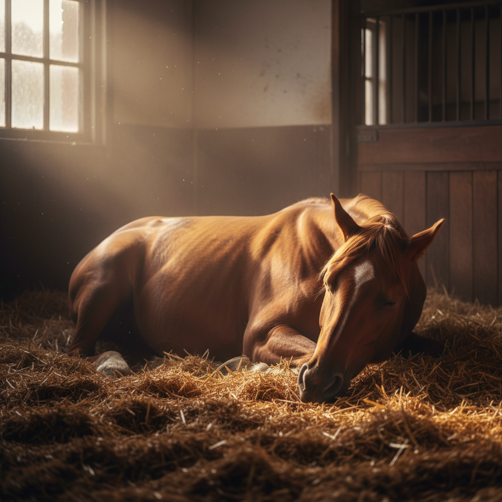 Horse lying down in stable bedding, dim morning light