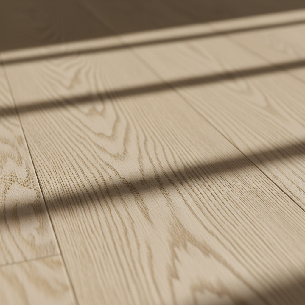 Close-up of white oak hardwood flooring grain texture under raking light