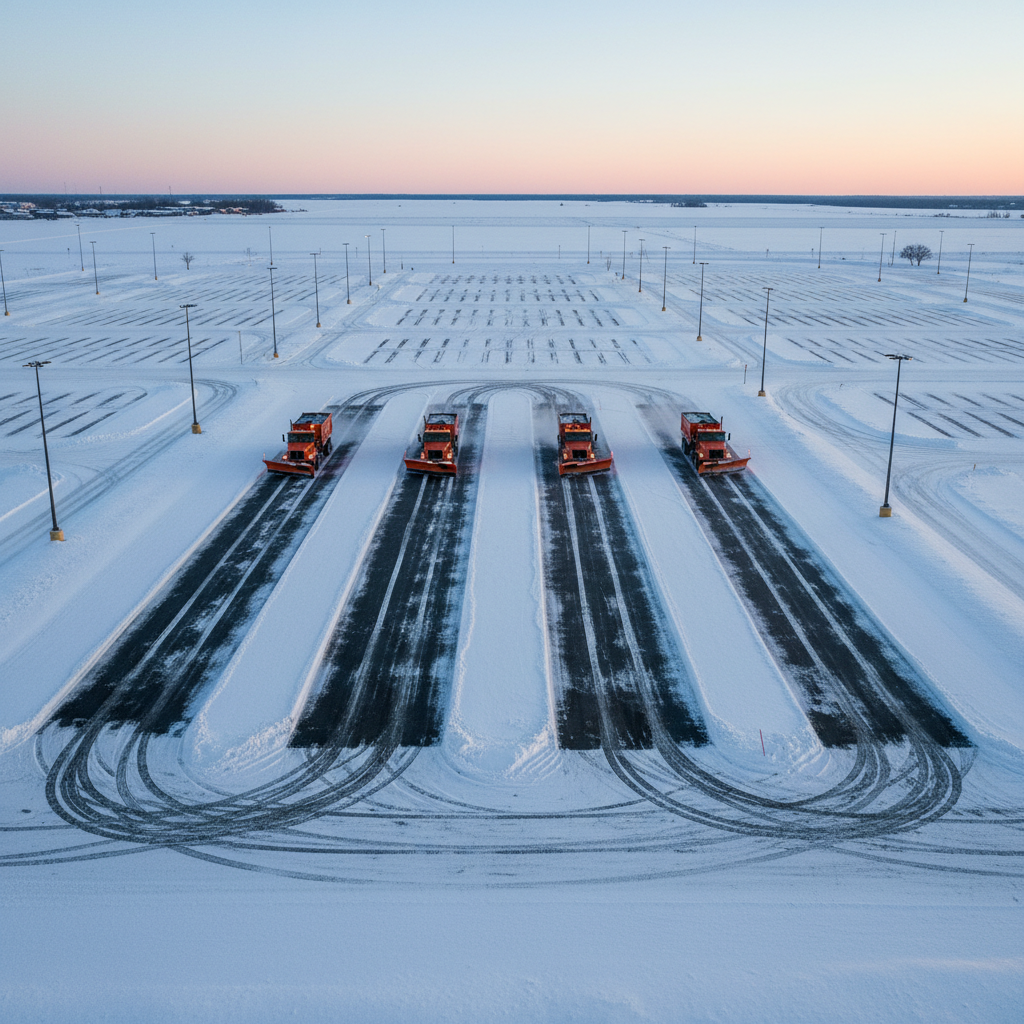 Snow plow truck clearing a snowy parking area at dawn