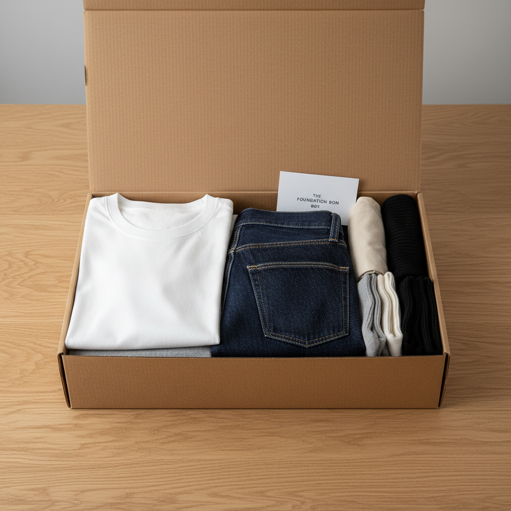 Capsule collection items — minimal black garments on white background