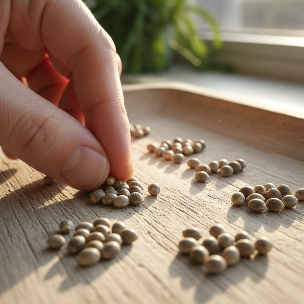 Hands sorting cannabis seeds on a wooden tray with field notebook open beside them