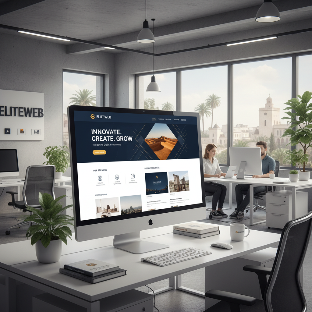 Bright modern business website design on laptop, clean white interface, well-lit professional workspace