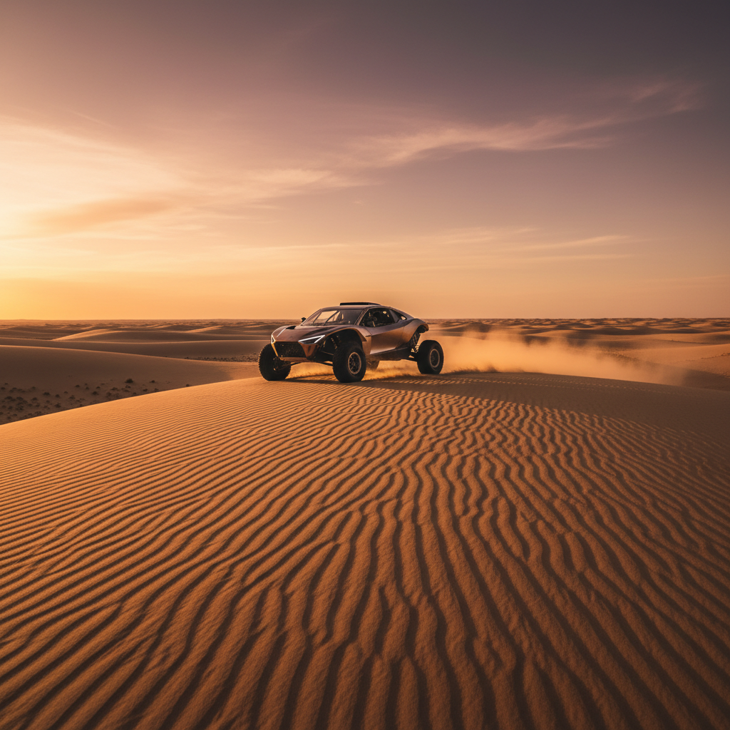 Final color-graded frame from Apex RS-7 hero film — car cresting sand dune at golden hour